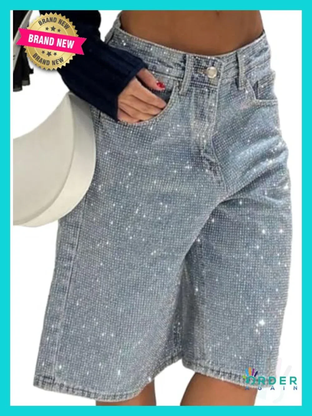 High Waisted Rhinestone Denim Bermuda Shorts Loose Fit Baggy Bling Beaded Y2K